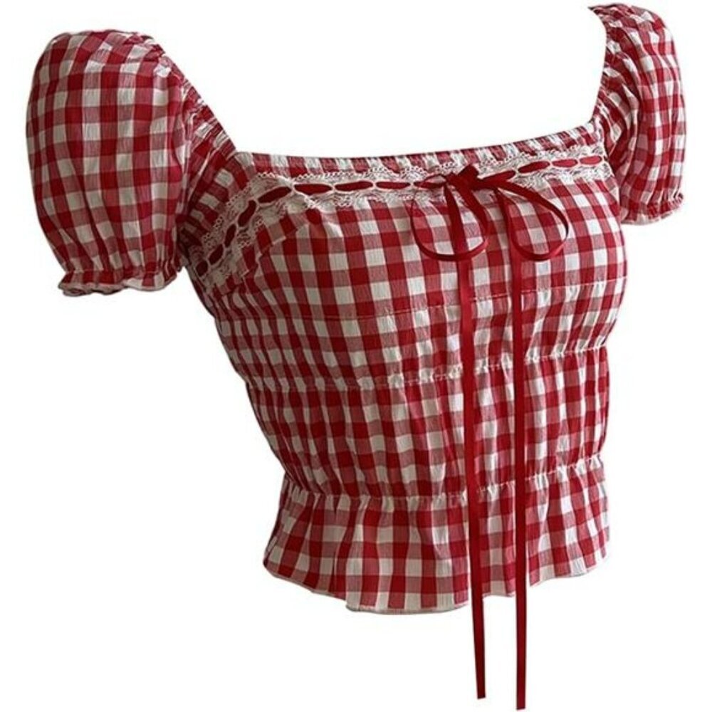 Y2k Plaid Puff Sleeve Crop Top Tie Front Ruffle Hem Going Out Party Blouse